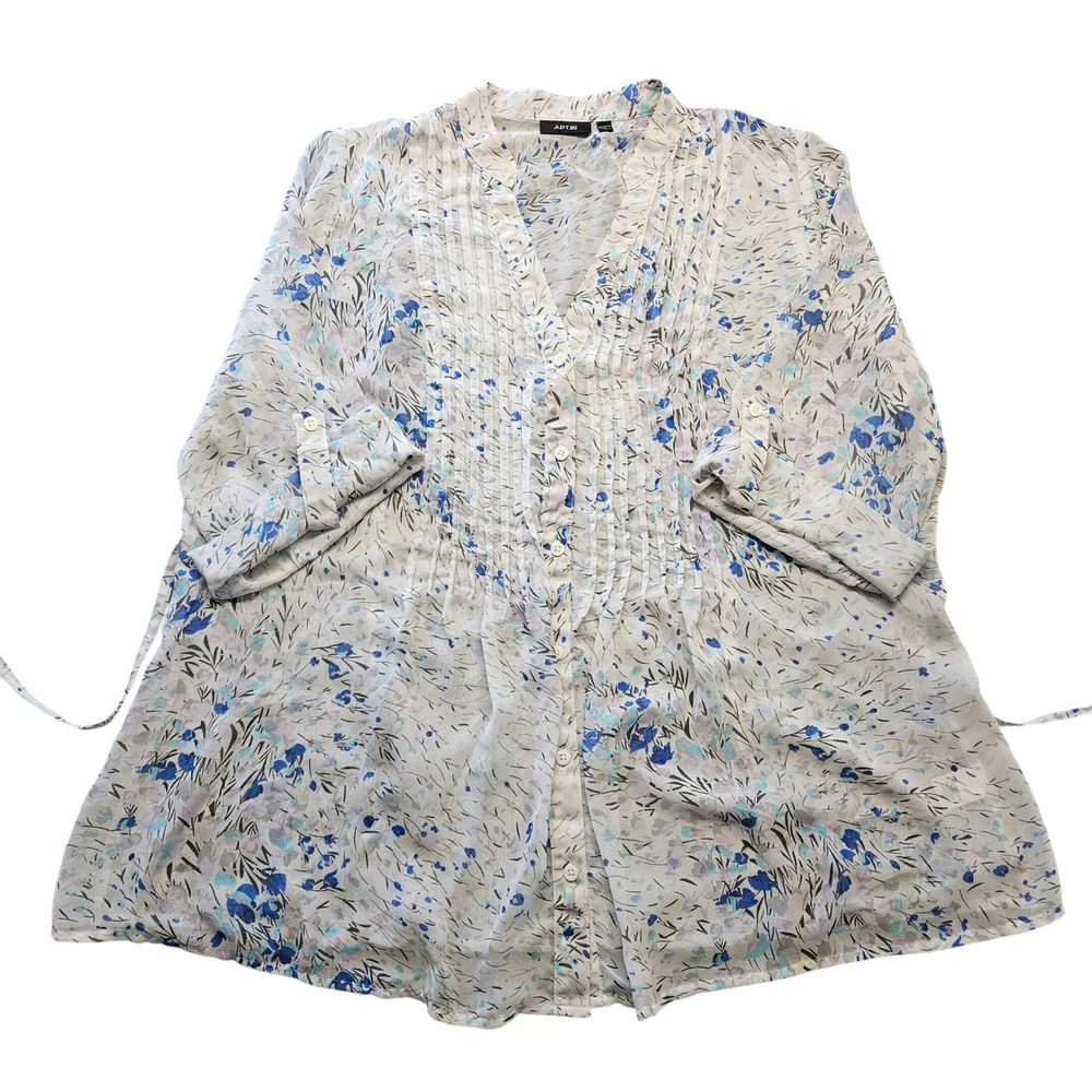 Apt. 9 Womens Floral Chiffon Button up Pintuck Pleated Blouse Blue Purple 1XL